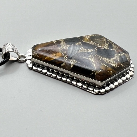 New Large Tigers Eye Stone Copper Acrylic Coffin Shaped Silver Overlay Pendant - Picture 2 of 6